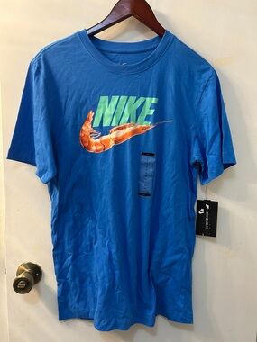 NWT Nike Men’s Bright Blue Logo Tee with Orange Shrimp Swoosh, Sz S